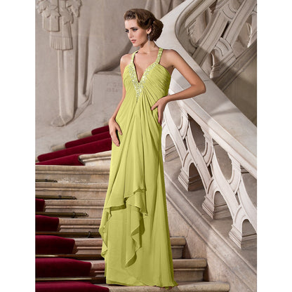 A-Line Celebrity Style Dress Formal Evening Military Ball Floor Length Sleeveless Plunging Neck Chiffon with Beading