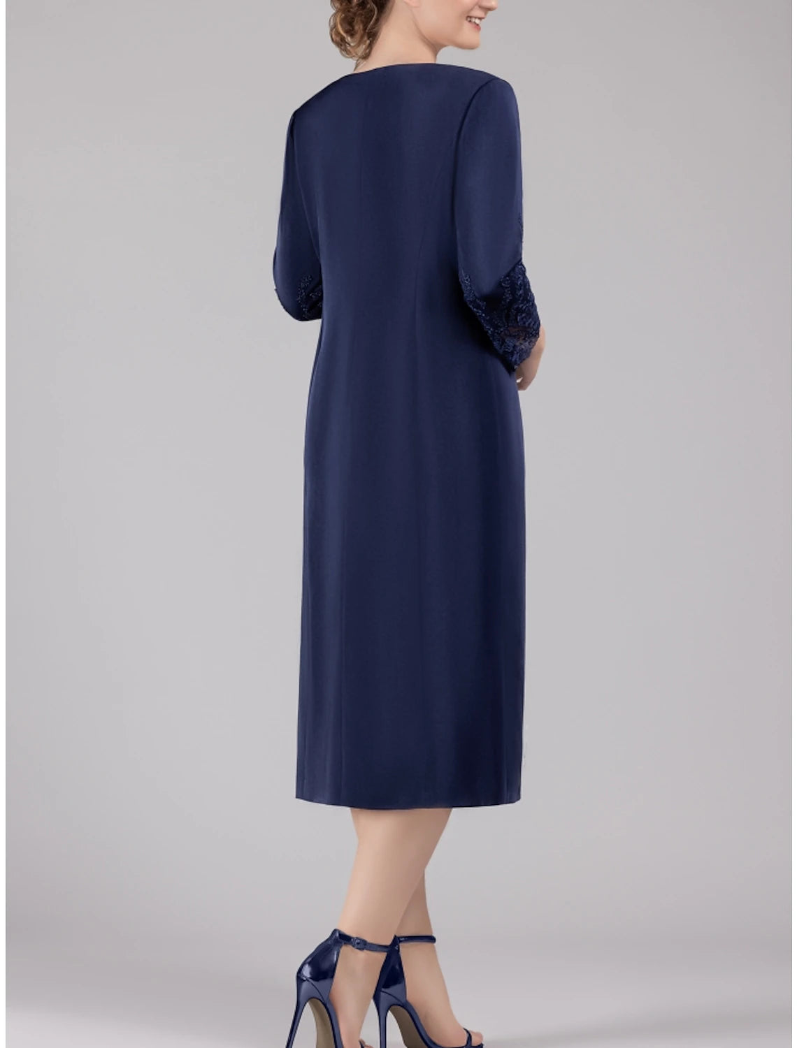 Two Piece Mother of the Bride Dress Wedding Guest Elegant Petite Scoop Neck Tea Length Satin Lace Long Sleeve with Crystal Brooch Solid Color