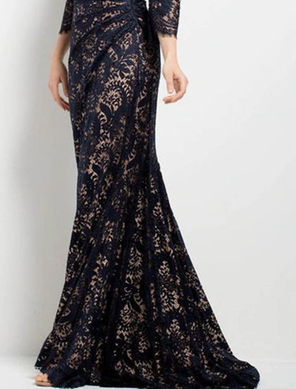 Mermaid / Trumpet Mother of the Bride Dress Wedding Guest Elegant V Neck Sweep / Brush Train Lace Long Sleeve No with Ruched Appliques