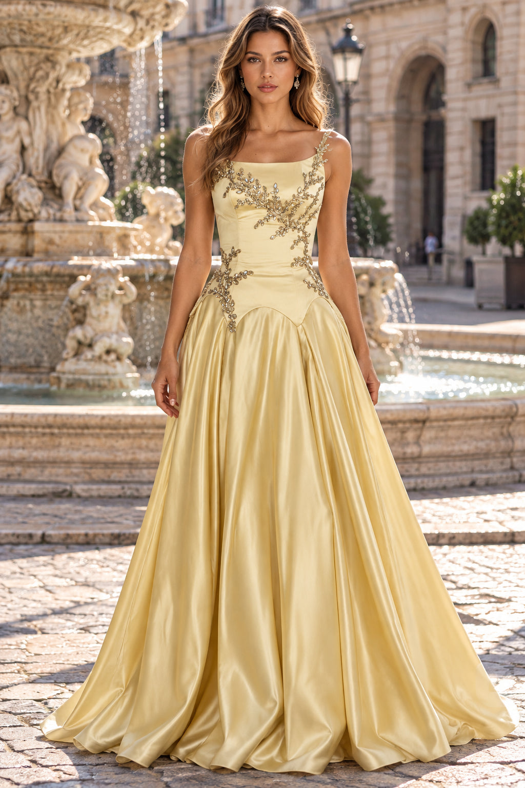 Gold A Line Square Neck Lace Up Back Floor Length Evening Dresses