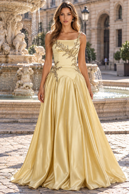 Gold A Line Square Neck Lace Up Back Floor Length Evening Dresses