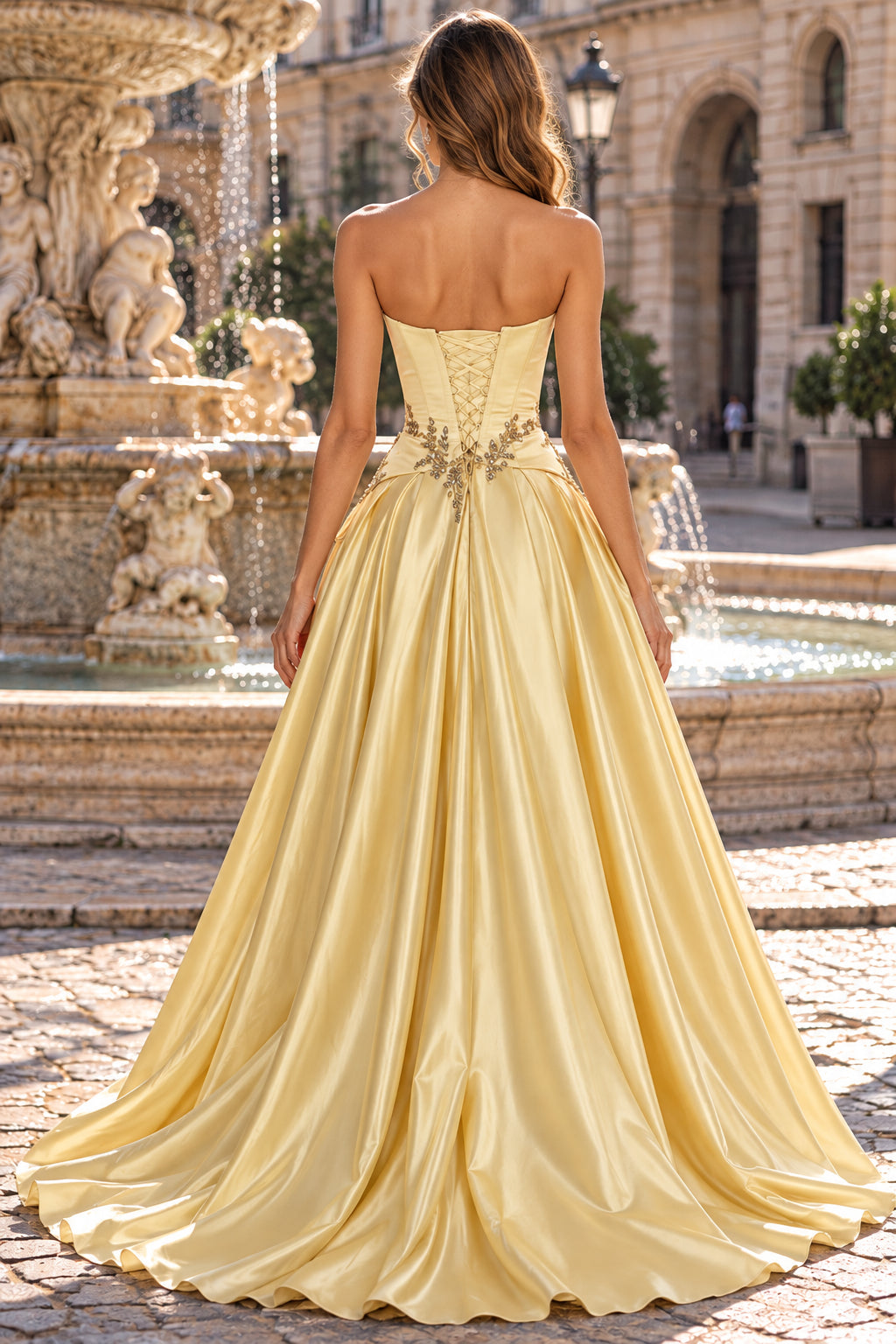 Gold A Line Square Neck Lace Up Back Floor Length Evening Dresses