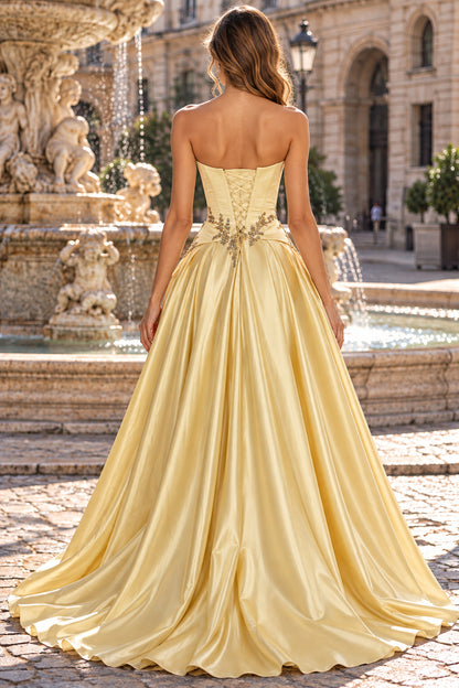 Gold A Line Square Neck Lace Up Back Floor Length Evening Dresses