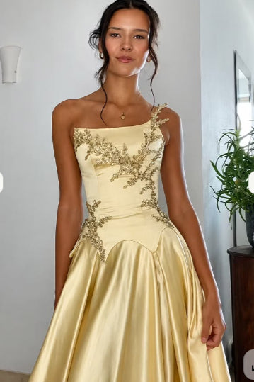 Gold A Line Square Neck Lace Up Back Floor Length Evening Dresses