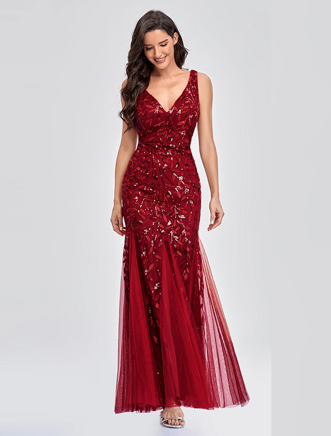 Mermaid / Trumpet Empire Elegant Party Wear Formal Evening Valentine's Day Dress V Neck V Back Sleeveless Floor Length Tulle with Embroidery