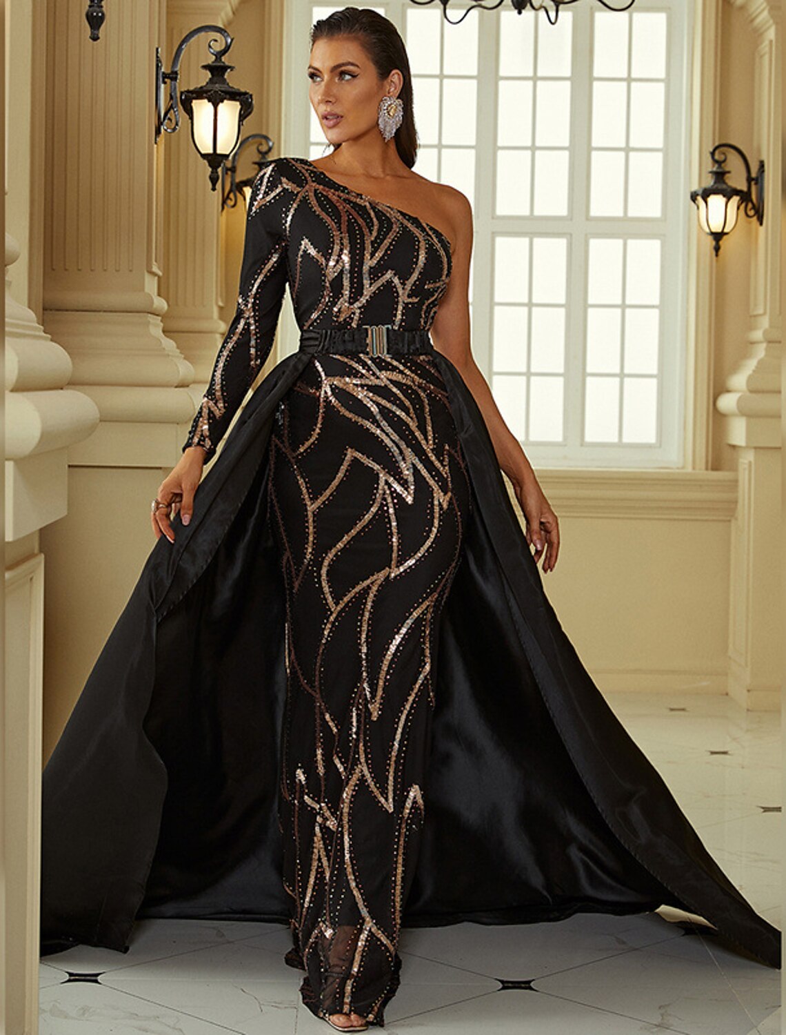Mermaid / Trumpet Evening Gown Vintage Dress Formal Wedding Guest Court Train Long Sleeve One Shoulder Polyester with SequinMermaid / Trumpet Evening Gown Vintage Dress Formal Wedding Guest Court Train Long Sleeve One Shoulder Polyester with Sequin