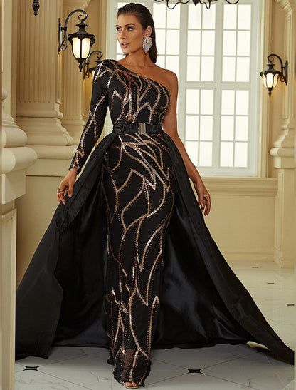 Mermaid / Trumpet Evening Gown Vintage Dress Formal Wedding Guest Court Train Long Sleeve One Shoulder Polyester with SequinMermaid / Trumpet Evening Gown Vintage Dress Formal Wedding Guest Court Train Long Sleeve One Shoulder Polyester with Sequin