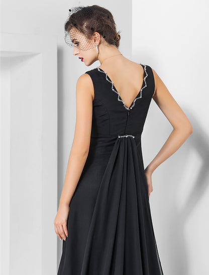 Sheath / Column Elegant Engagement Formal Evening Dress V Neck Sleeveless Sweep / Brush Train Chiffon with Crystals Draping