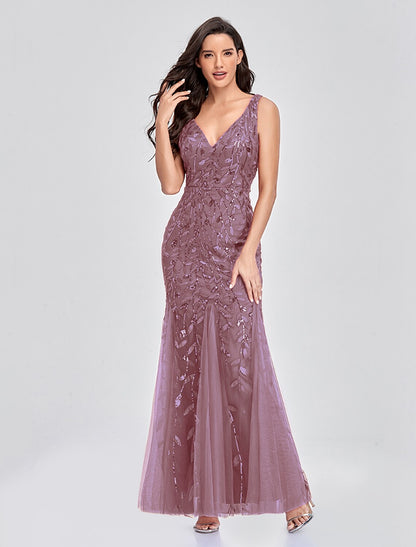 Mermaid / Trumpet Empire Elegant Party Wear Formal Evening Valentine's Day Dress V Neck V Back Sleeveless Floor Length Tulle with Embroidery