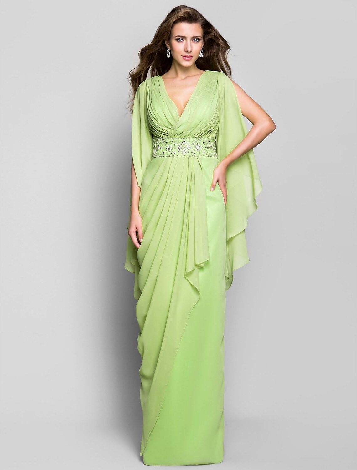 Sheath / Column Elegant Dress Wedding Guest Formal Evening Floor Length Long Sleeve V Neck Chiffon V Back with Crystals Side Draping