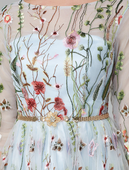 A-Line Evening Gown Floral Dress Holiday Wedding Guest Floor Length 3/4 Length Sleeve Illusion Neck Lace with Embroidery