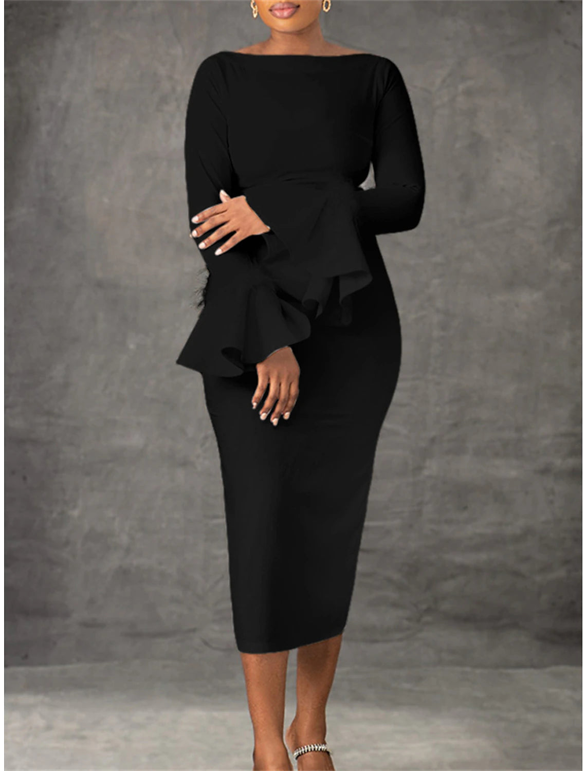 White Dress Party Dress Feather Dress Crew Neck Long Sleeve Midi Dress Birthday Vacation Black White Summer Spring