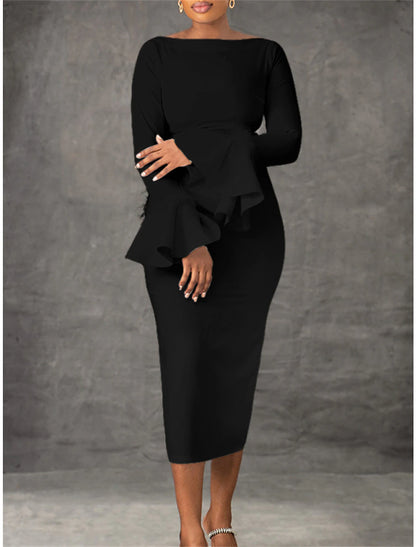 White Dress Party Dress Feather Dress Crew Neck Long Sleeve Midi Dress Birthday Vacation Black White Summer Spring