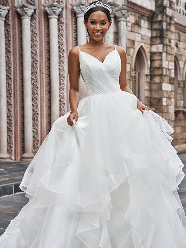 A-Line/Princess Tulle Ruffles Spaghetti Straps Sleeveless Sweep/Brush – Koutun Dress