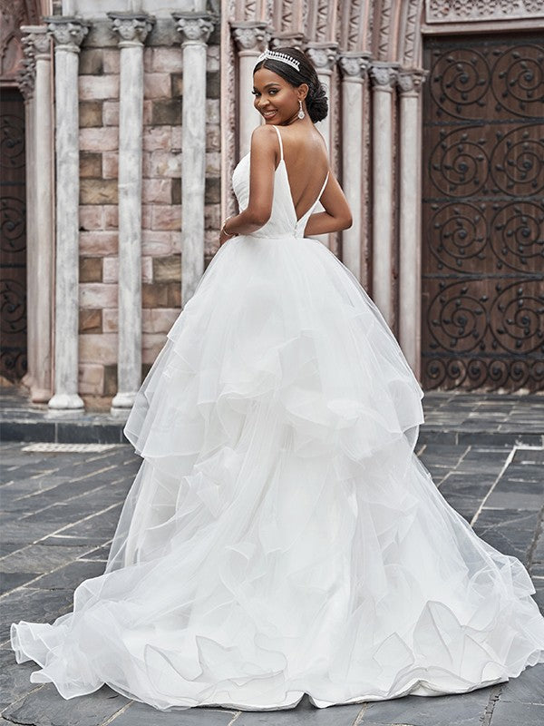 A-Line/Princess Tulle Ruffles Spaghetti Straps Sleeveless Sweep/Brush Train Wedding Dresses
