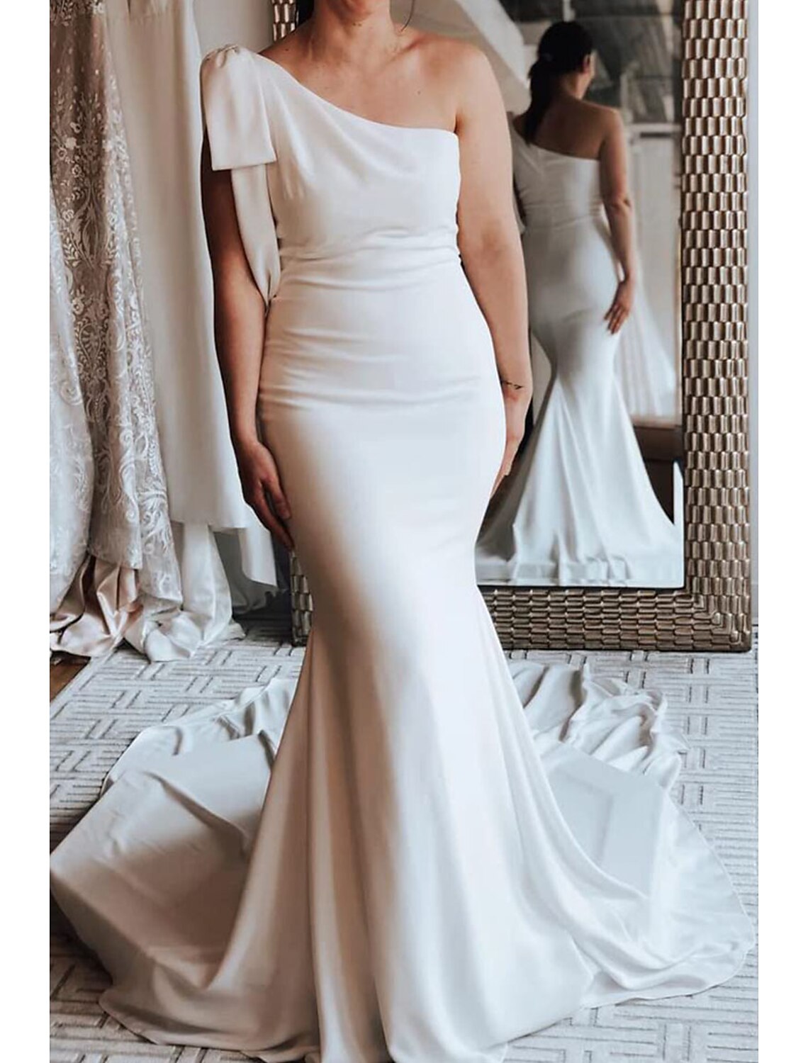 Boho Wedding Dresses Mermaid One Shoulder Sleeveless Court Train Stretch Fabric Bridal Gowns With Bow(s) Summer Wedding Party