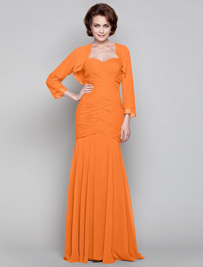 Mermaid / Trumpet Mother of the Bride Dress Two Piece Sweetheart Floor Length Chiffon Long Sleeve with Criss Cross