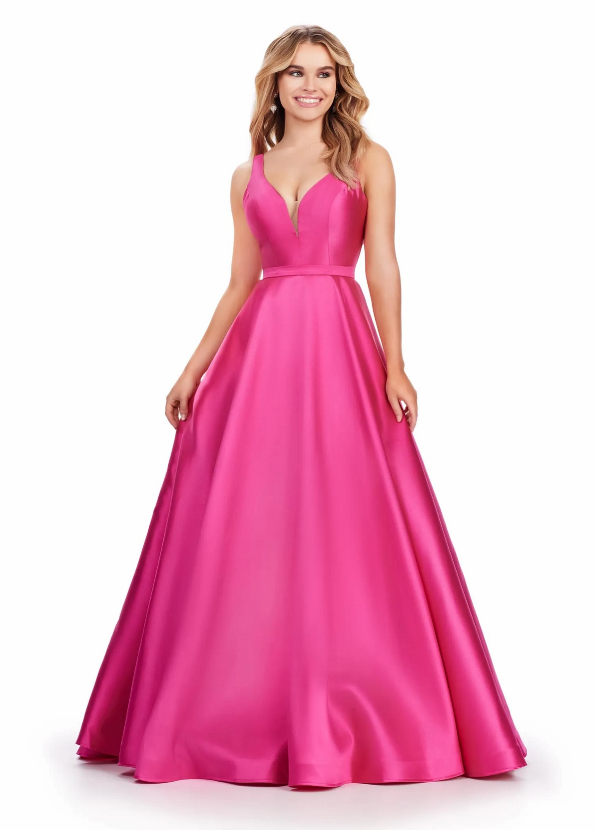 hot pink a-line v-neck sleeveless zip-back train prom dress