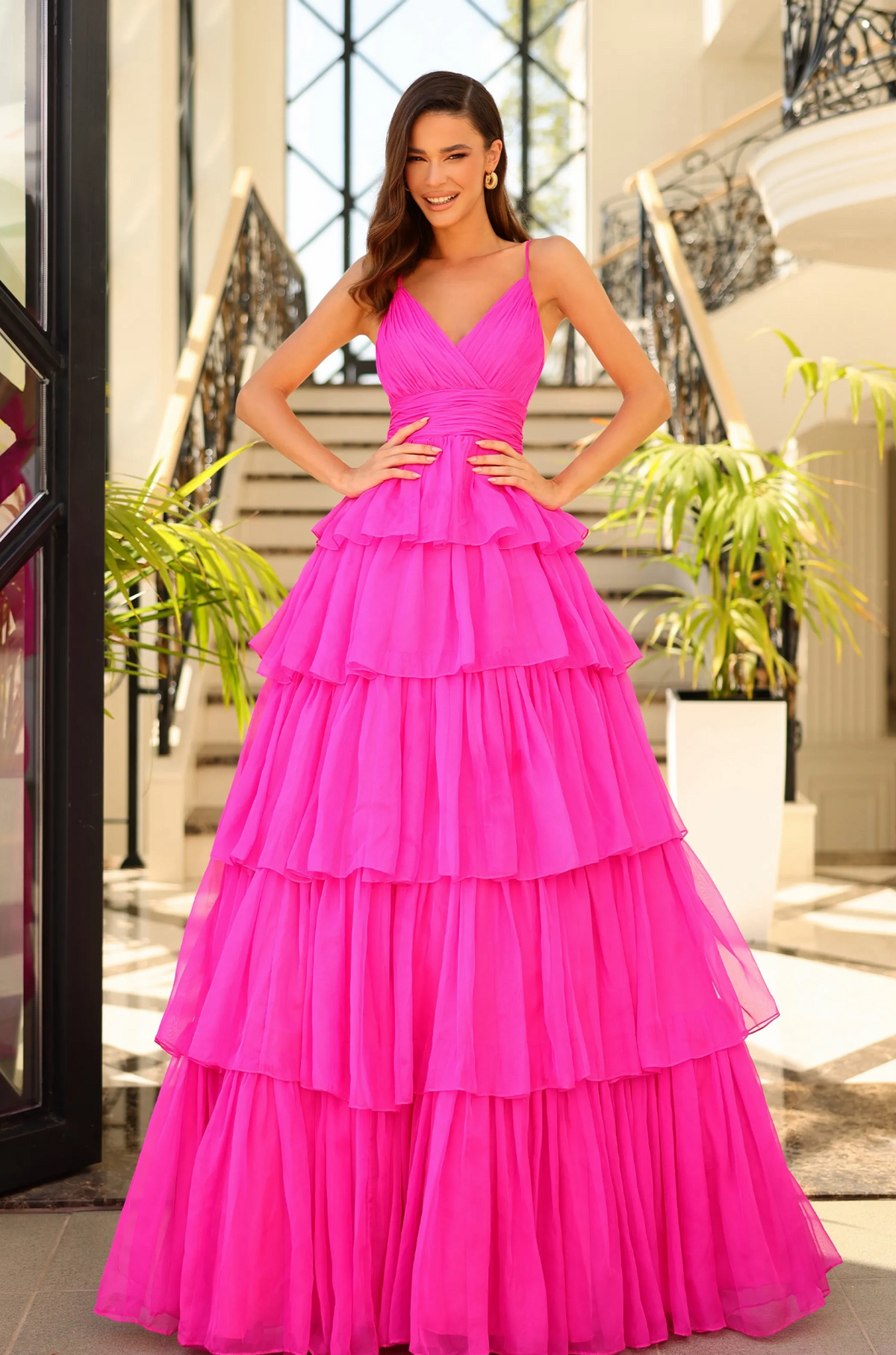 hot pink a-line v-neck spaghetti strap open back tiered ruffle long prom dress