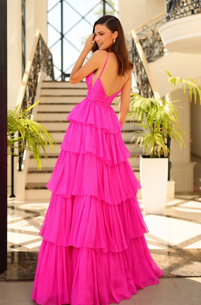 hot pink a-line v-neck spaghetti strap open back tiered ruffle long prom dress