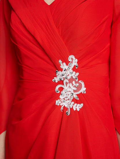 A-Line Mother of the Bride Dress Elegant V Neck Floor Length Chiffon Half Sleeve with Pleats Appliques