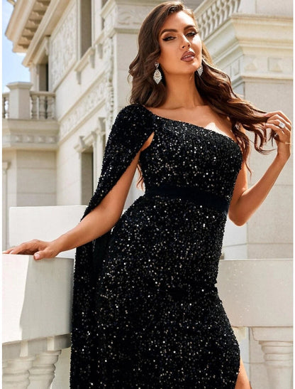 Mermaid / Trumpet Evening Gown Elegant Dress Formal Ankle Length Sleeveless One Shoulder Sequined with Glitter Slit