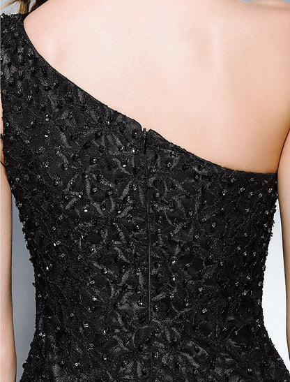 Sheath / Column Sparkle & Shine Dress Holiday Cocktail Party Court Train Sleeveless One Shoulder Lace with Beading