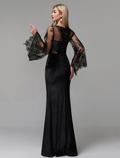 Sheath / Column Elegant Dress Wedding Guest Engagement Floor Length Long Sleeve Illusion Neck Lace with Lace Insert
