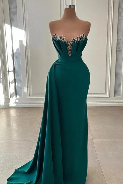 Hunter Green Mermaid Strapless Sleeveless Zip Back Sweep Train Prom Evening Dress