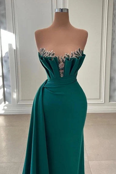 Hunter Green Mermaid Strapless Sleeveless Zip Back Sweep Train Prom Evening Dress
