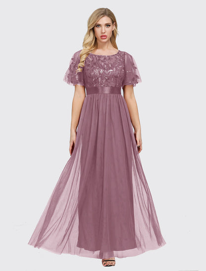 A-Line Empire Elegant Party Wear Prom Dress Jewel Neck Short Sleeve Floor Length Tulle with Embroidery 2022 / Illusion Sleeve