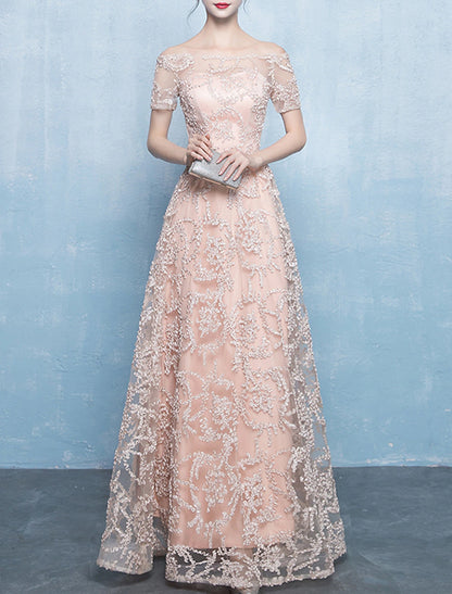 A-Line Minimalist Elegant Prom Formal Evening Dress Off Shoulder Short Sleeve Floor Length Tulle with Pleats