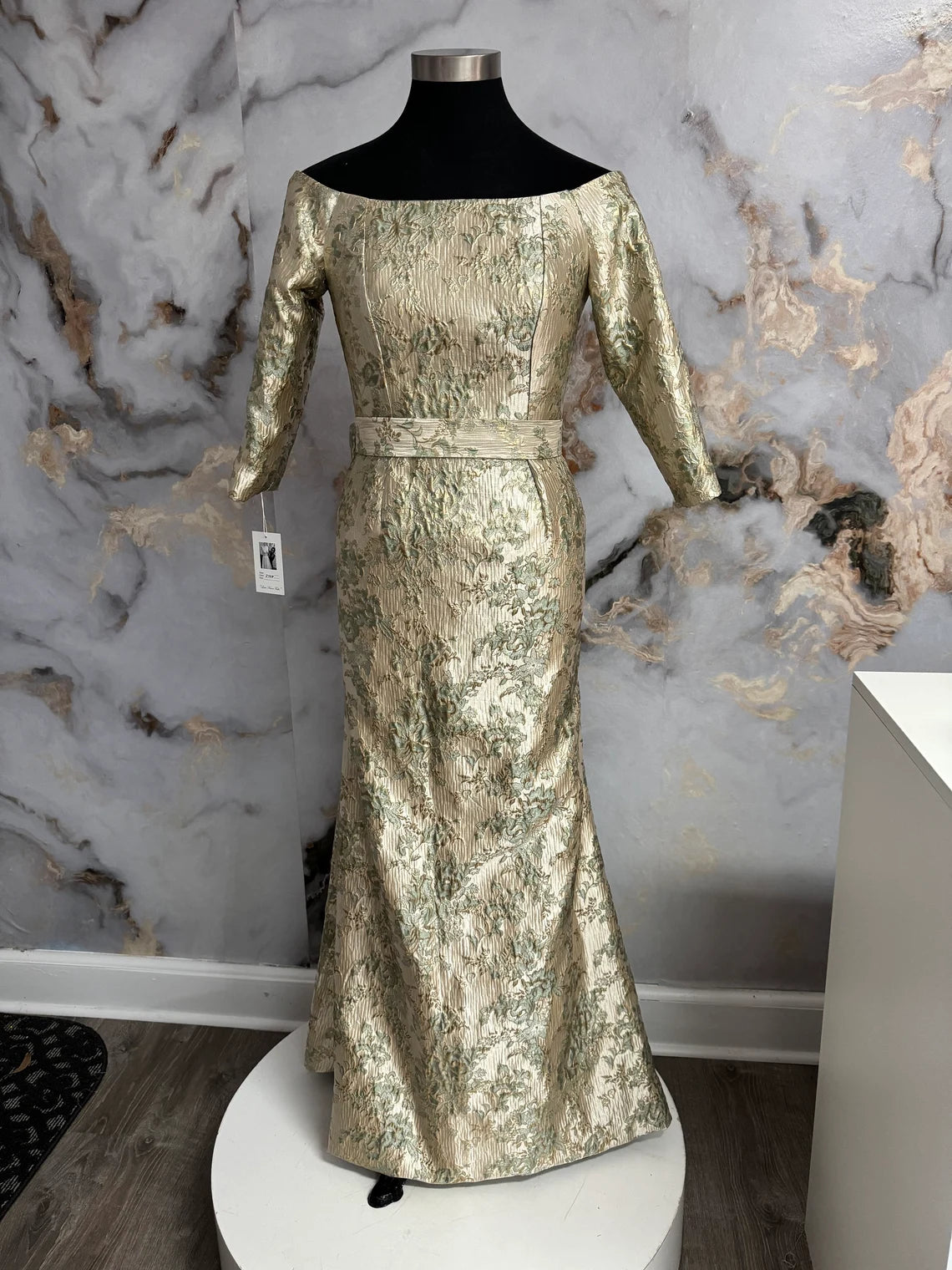 Mother Of The Bride Dresses Off The Shoulder Dress 3/4 Length Sleeve Trumpet Style Sage Gold Dress