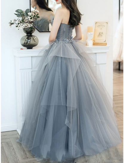 A-Line Prom Dresses Cute Dress Engagement Prom Sweep / Brush Train Sleeveless Strapless Tulle with Appliques Pure Color