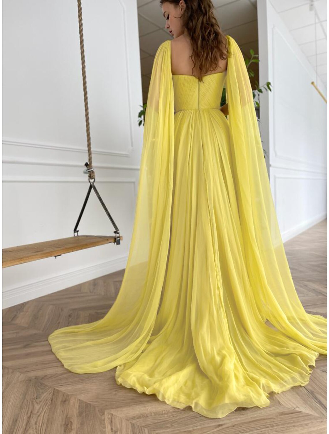 A-Line Prom Dresses Empire Dress Wedding Guest Engagement Court Train Long Sleeve Square Neck Tulle with Pleats Slit