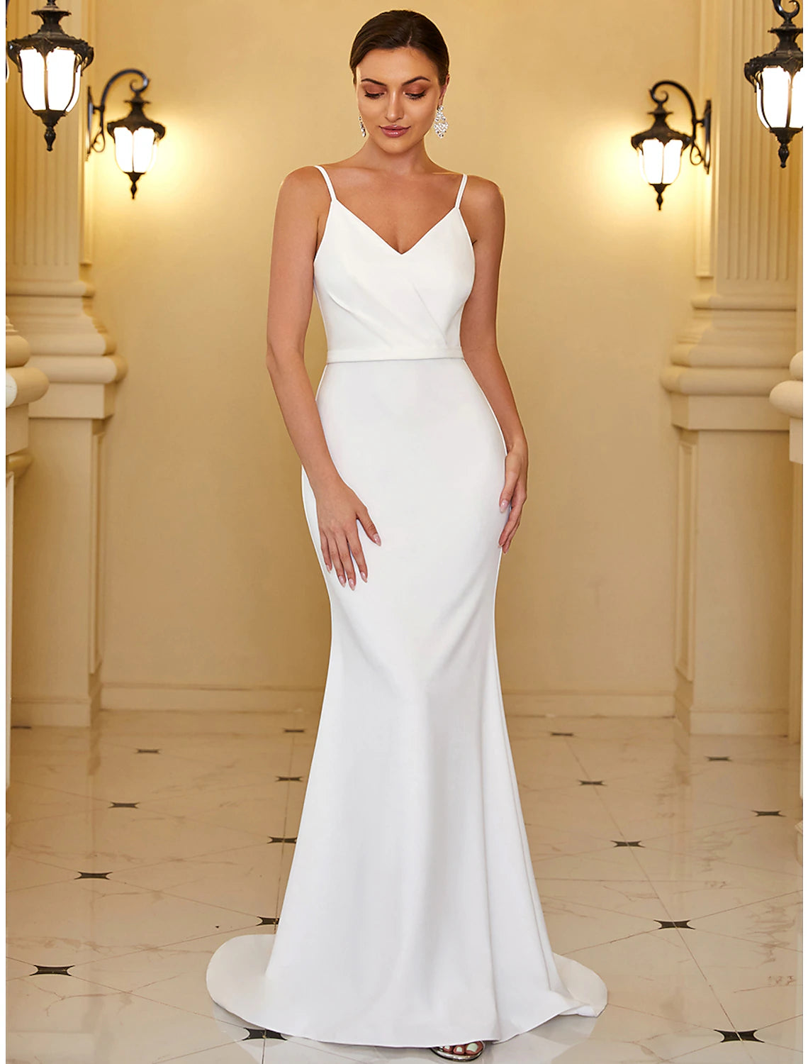 Reception Casual Wedding Dresses Mermaid / Trumpet Camisole V Neck Spaghetti Strap Sweep / Brush Train Stretch Fabric Bridal Gowns With Ruched Draping Summer Wedding Party
