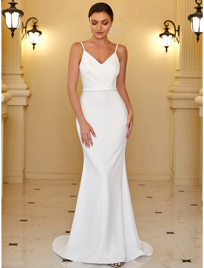 Reception Casual Wedding Dresses Mermaid / Trumpet Camisole V Neck Spaghetti Strap Sweep / Brush Train Stretch Fabric Bridal Gowns With Ruched Draping Summer Wedding Party