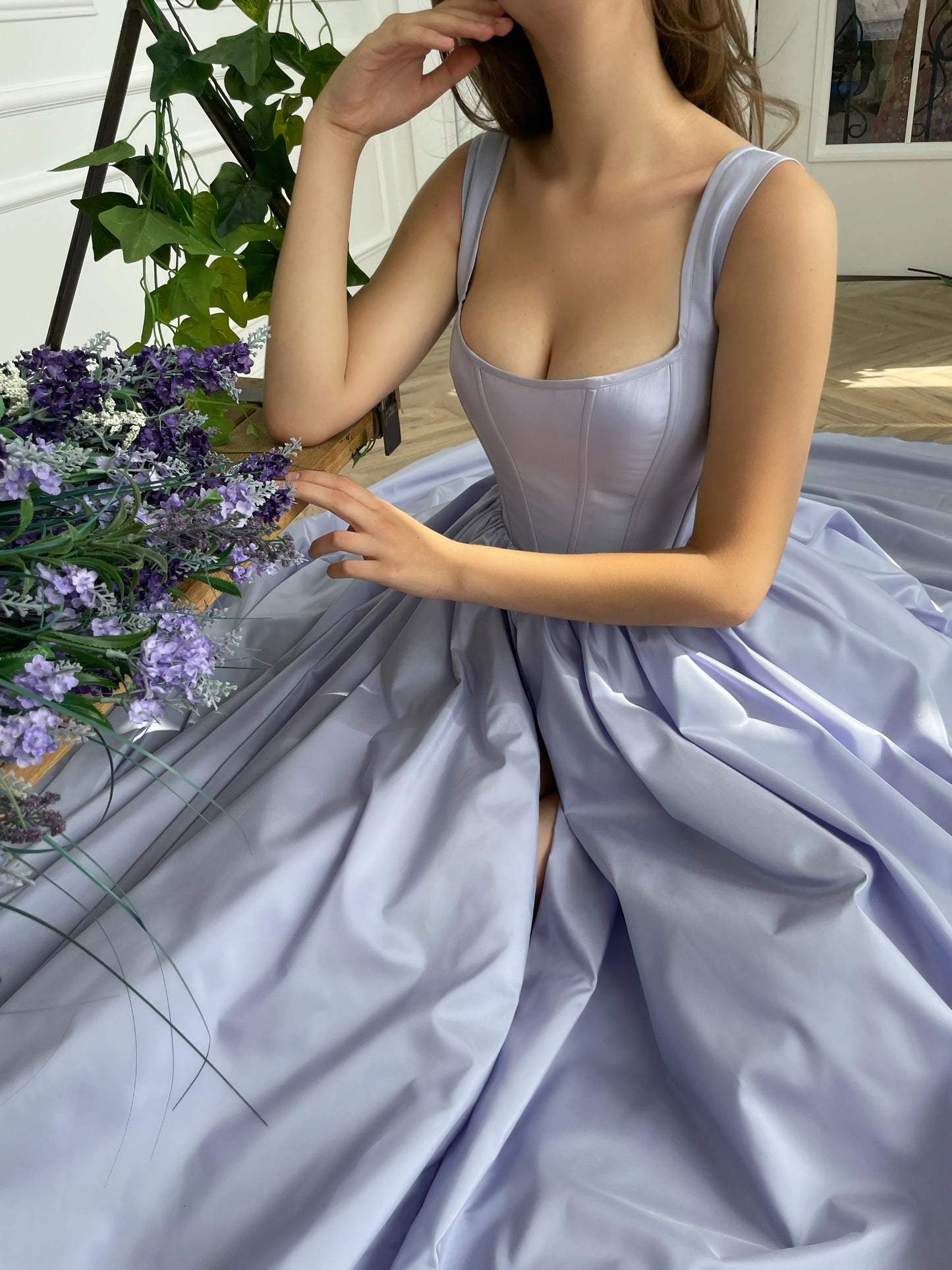 Periwinkle Skies Corset Gown Satin Ruched Sleeveless Sweep/Brush Train Dresses