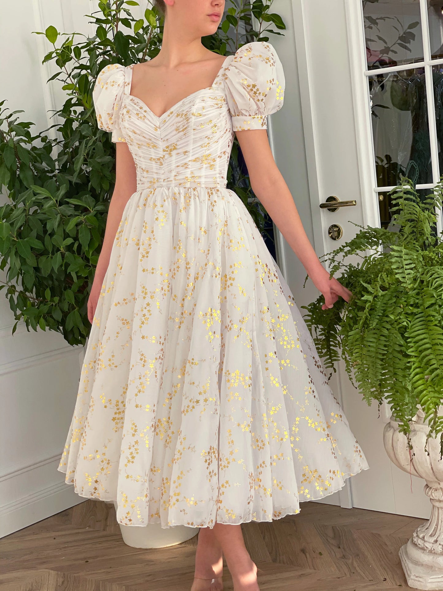 Cute A-Line White Gilded Lily Tea-length Dress V-neck Prom Dress