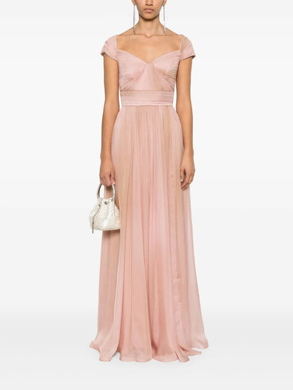 Romantic Blush Pink Off-Shoulder Pleated Chiffon Gown