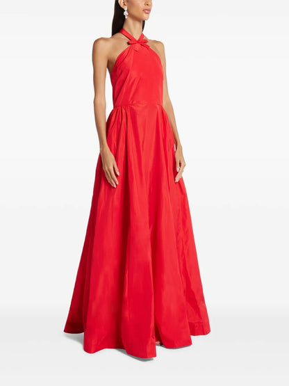 Bold Red Halter Neck Tie-Detail Taffeta Ball Gown