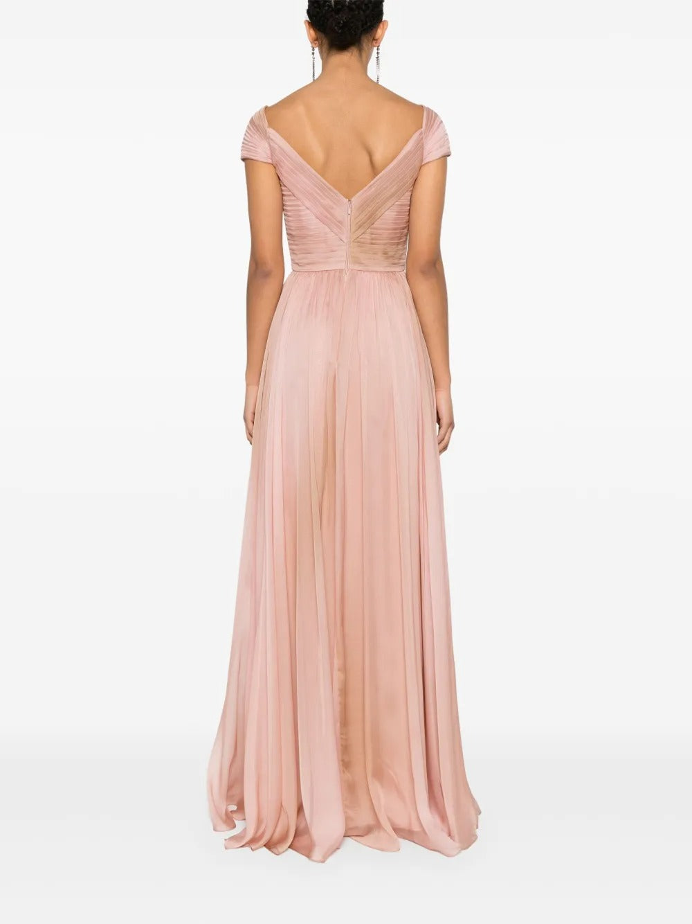 Romantic Blush Pink Off-Shoulder Pleated Chiffon Gown