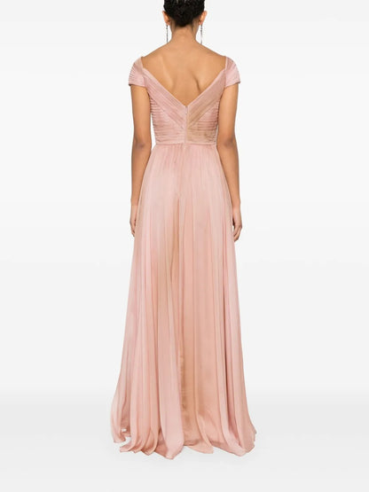 Romantic Blush Pink Off-Shoulder Pleated Chiffon Gown