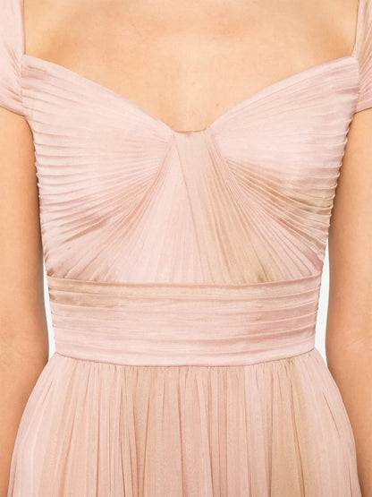 Romantic Blush Pink Off-Shoulder Pleated Chiffon Gown