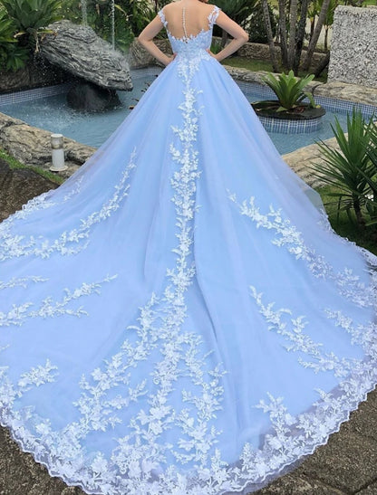 Engagement Fall Wedding Dresses in Color Formal Ball Gown V Neck Cap Sleeve Chapel Train Lace Bridal Gowns With Appliques 2023 Summer Wedding Party