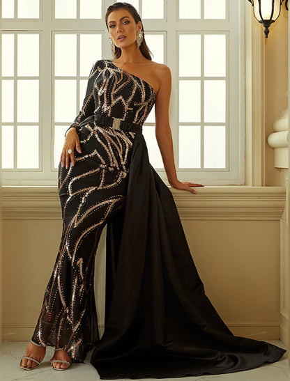 Mermaid / Trumpet Evening Gown Vintage Dress Formal Wedding Guest Court Train Long Sleeve One Shoulder Polyester with SequinMermaid / Trumpet Evening Gown Vintage Dress Formal Wedding Guest Court Train Long Sleeve One Shoulder Polyester with Sequin