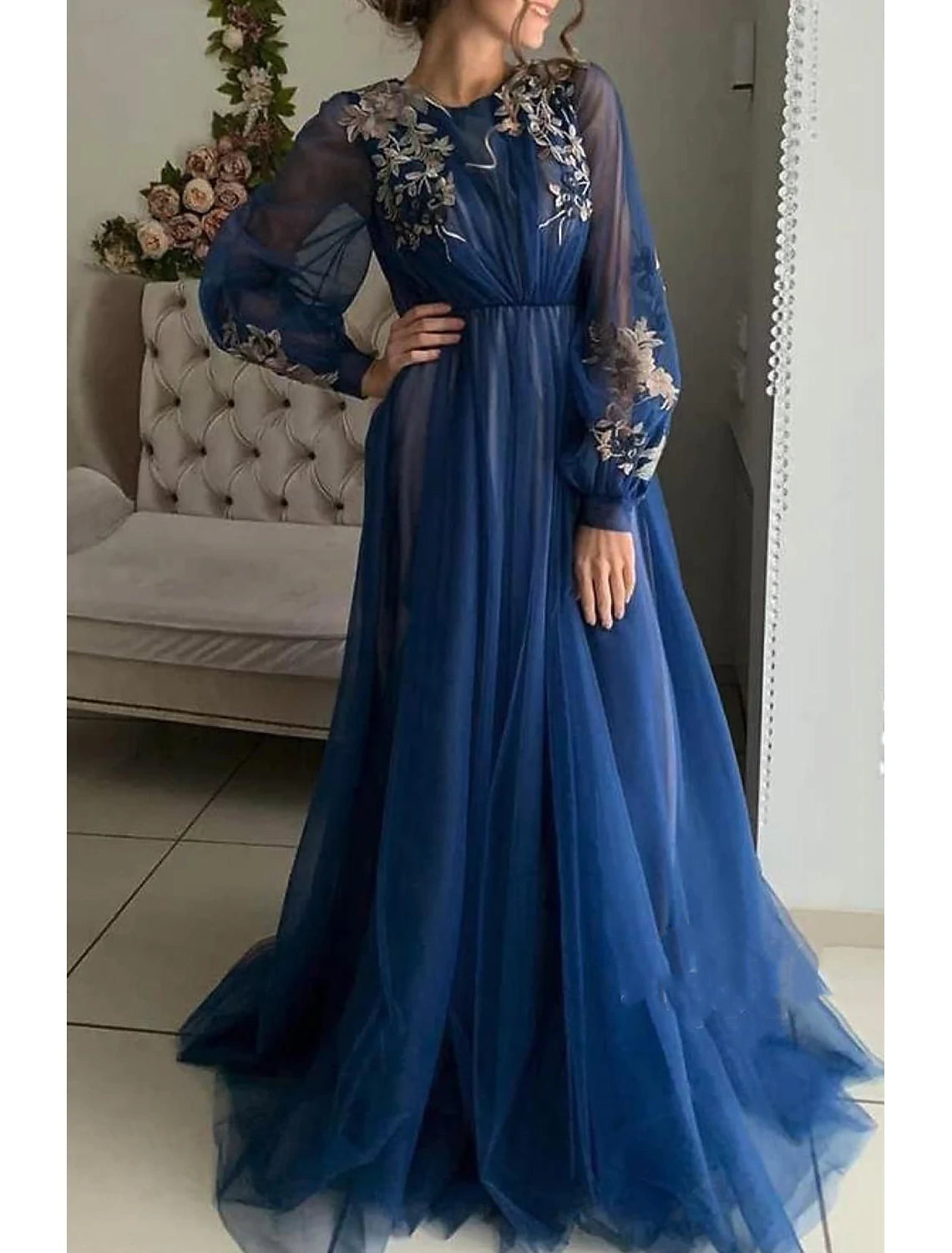 A-Line Evening Gown Floral Dress Wedding Guest Birthday Sweep / Brush Train Long Sleeve Jewel Neck Tulle with Embroidery