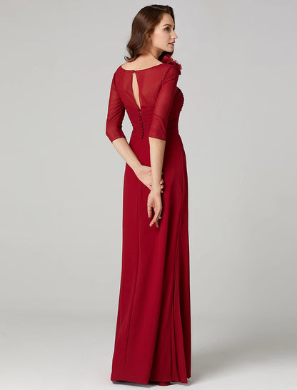 Sheath / Column Keyhole Dress Holiday Wedding Guest Floor Length 3/4 Length Sleeve Bateau Neck Charmeuse with Ruched Flower