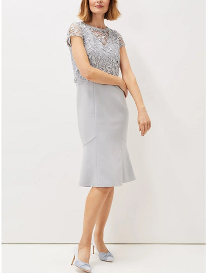 A-Line Mother of the Bride Dress Wedding Guest Elegant Petite Jewel Neck Knee Length Chiffon 3/4 Length Sleeve with Lace Ruching Solid Color