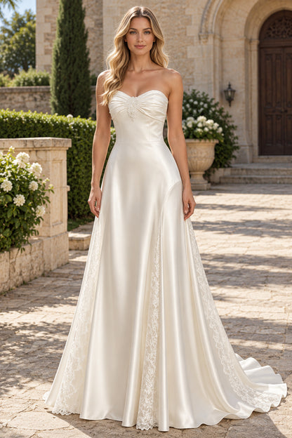 Satin A-Line Strapless Sleeveless Button-Back Lace Train Long Wedding Dress